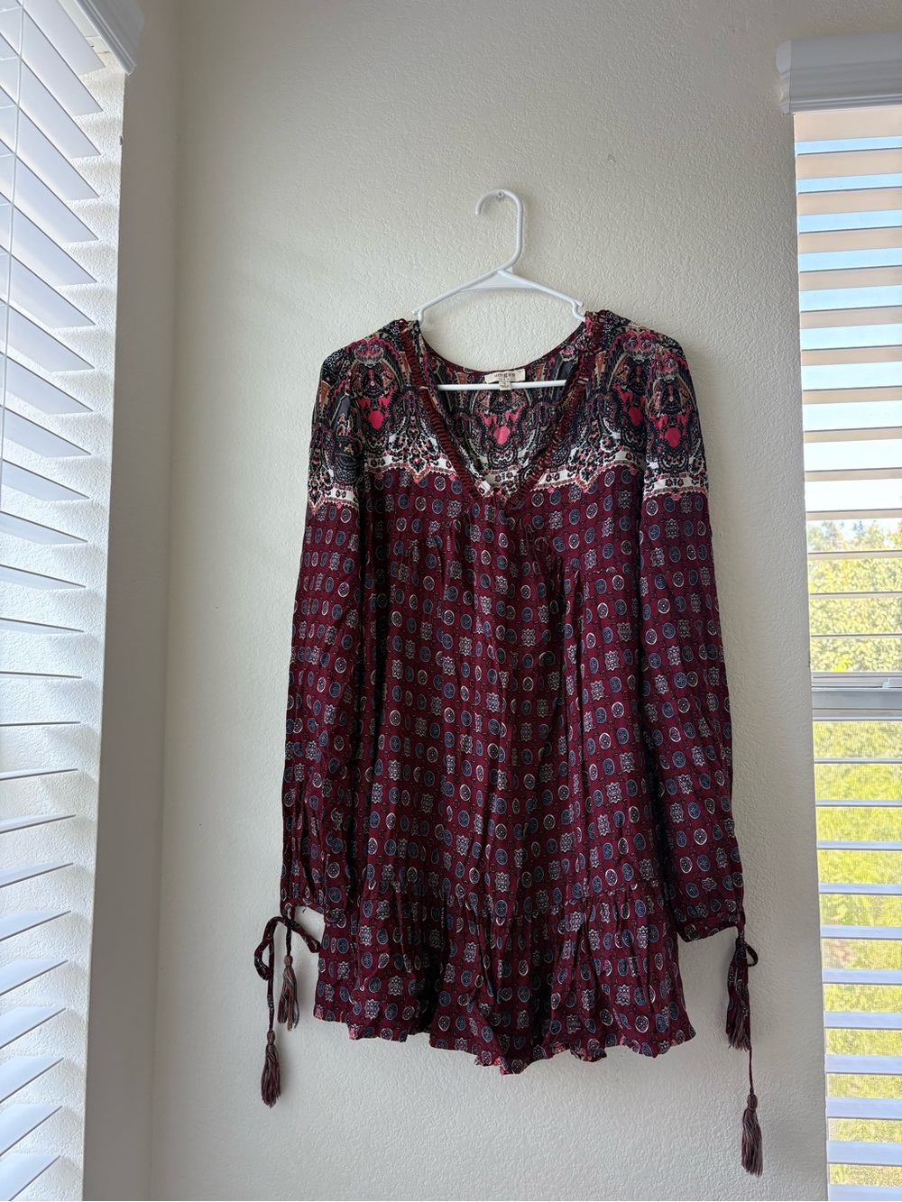 UMGEE Burgundy Paisley Long-Sleeve Boho Dress